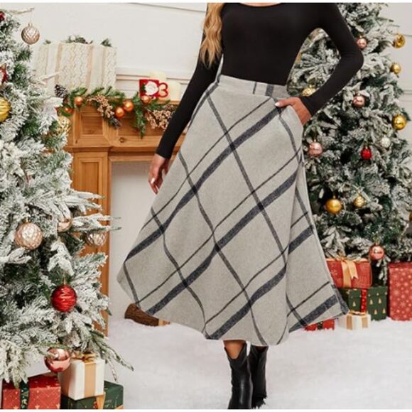 Tanming Wool Elastic Waist Belted Check Tartan Plaid Midi Skirt Womens Lg NWT - Picture 1 of 14